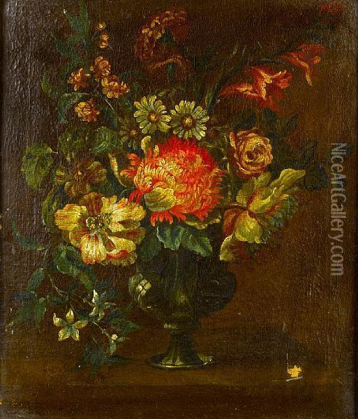 Roses, Jasmine, A Chrysanthemum And Otherflowers In A Glass Vase On A Table-top Oil Painting - Nicolas Baudesson