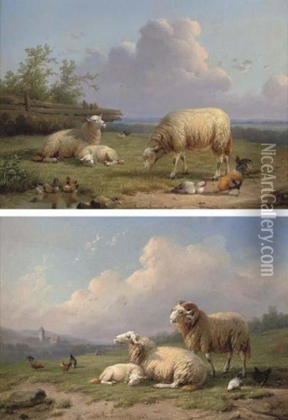A Ram, Sheep And Poultry In A Landscape; And Sheep, Ducks And Poultry In A Landscape Oil Painting - Cornelis van Leemputten