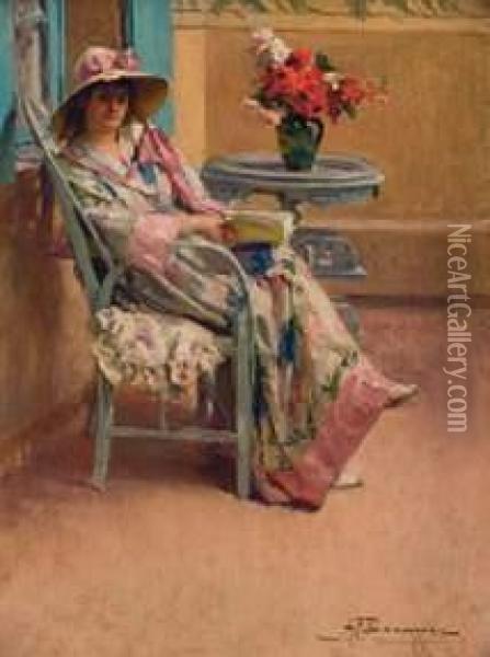 Elegante A Sa Lecture, Circa 1910 Oil Painting - Alexandre-Francois Bonnardel