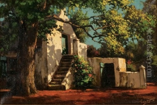 Cape Dutch House With Stairs Leading To A Loft Oil Painting - Tinus de Jongh