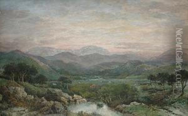 Cattle Grazing In A Mountainous Landscape Oil Painting - Charles Nicholls Woolnoth