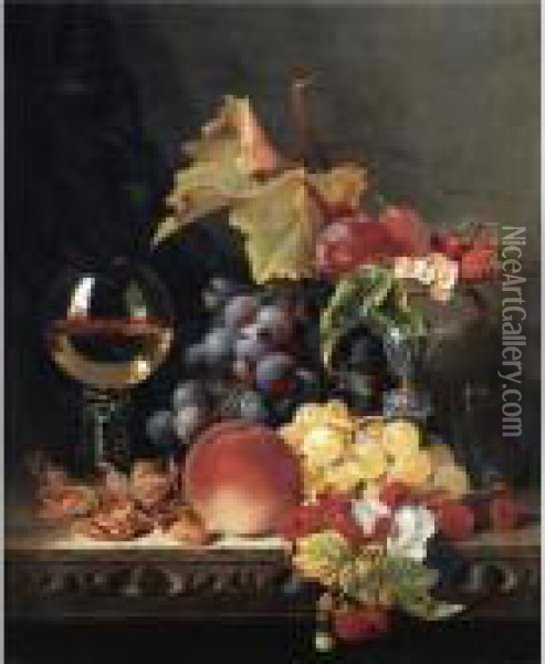 Still Life With A Wine Goblet And Silver Tazza, Grapes, Berries, Plums And Hazlenuts Oil Painting - Edward Ladell