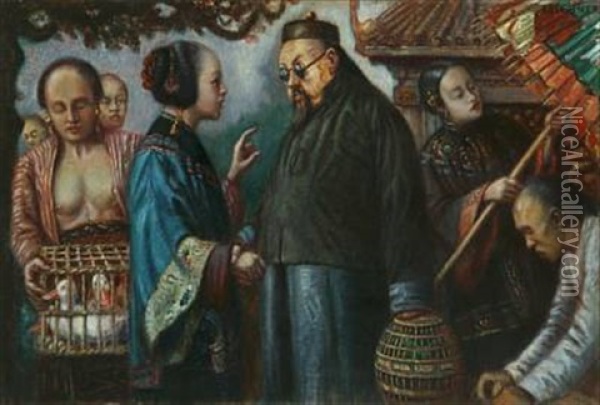 Chinese Market Place Oil Painting - Arthur Johannes Siebner
