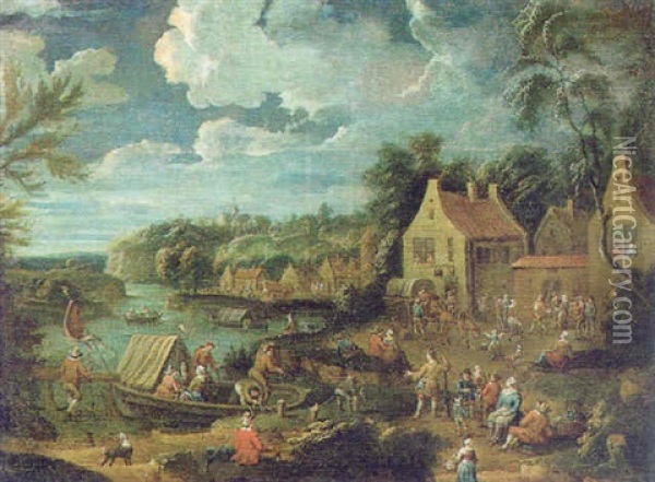 Dorf An Einem Flus Mit Booten Und Vielen Figuren Oil Painting - Karl Joseph Aigen