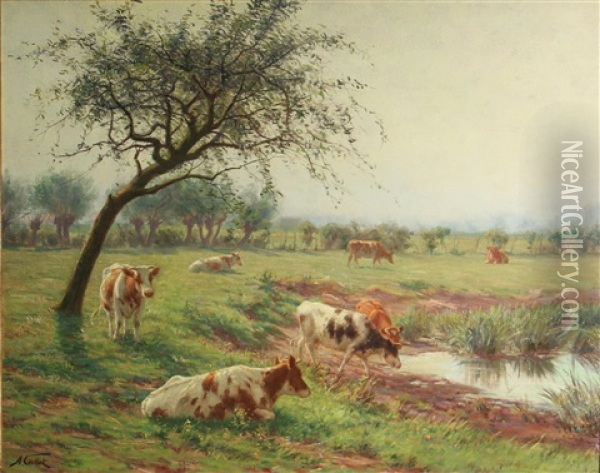 Cattle In A Sunlit Landscape Oil Painting - Albert Caullet