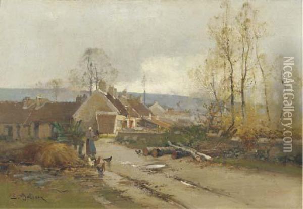 Autumn: On The Outskirts Of A Village Oil Painting - Eugene Galien-Laloue