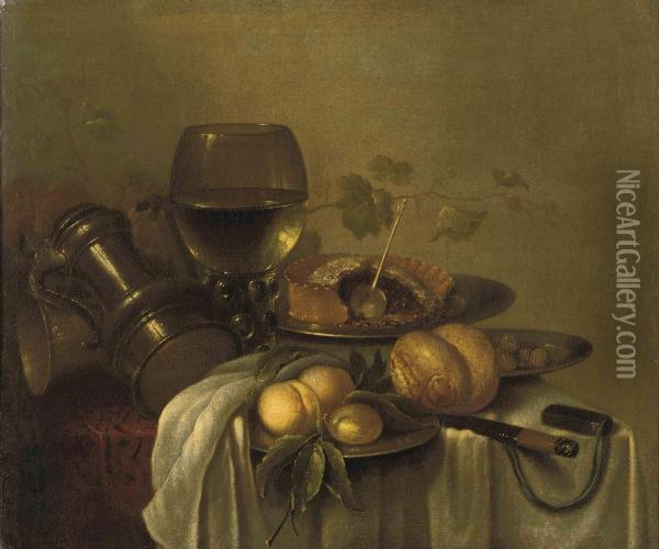 Peaches On A Silver Platter, An Overturned Pewter Jug, A Roemerwith White Wine, A Bread Roll, Olives And A Pie On A Silverplatter, Together With Other Objects On A Partially Drapedtable Oil Painting - Pieter Claesz.