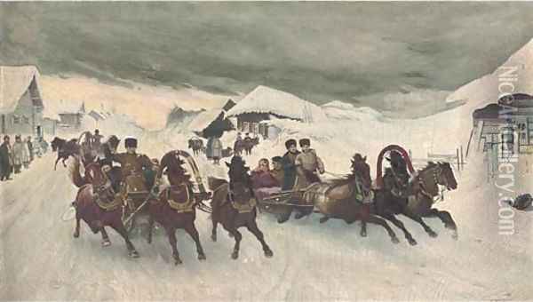 Troikas in the snow Oil Painting - Russian School