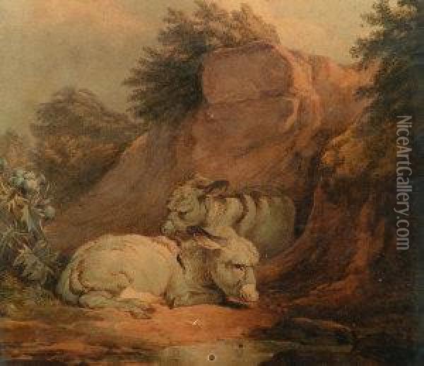 Two Donkeys Resting By A Rocky Outcrop Oil Painting - James Ward