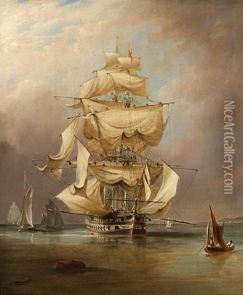 H.m.s. Asia Taking In Her Sails Oil Painting - Richard Bridges Beechey