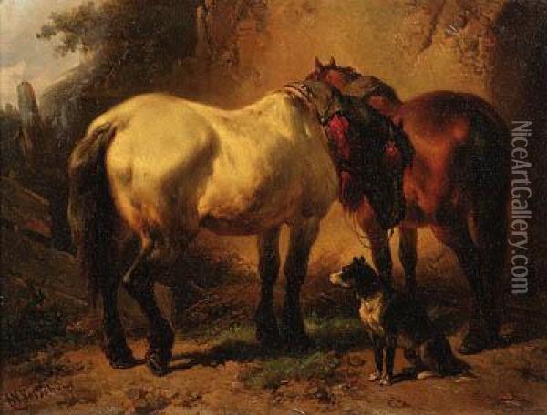Draught-horses At Rest Oil Painting - Wouterus Verschuur