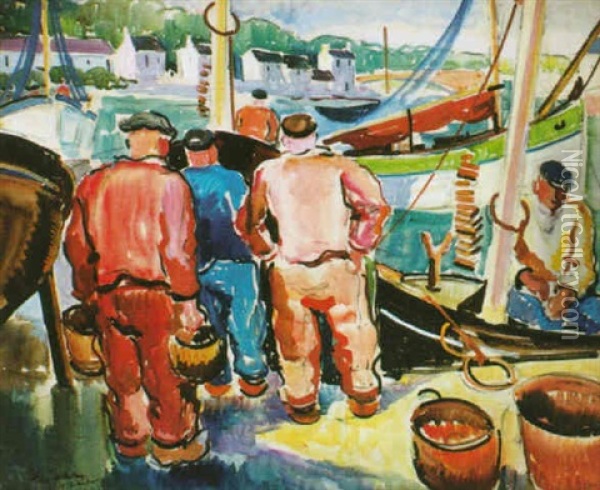 Audierne - Marins Sur Le Quai Oil Painting - Pierre De Belay