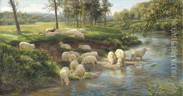 Sheep grazing by a river Oil Painting - Joseph Farquharson