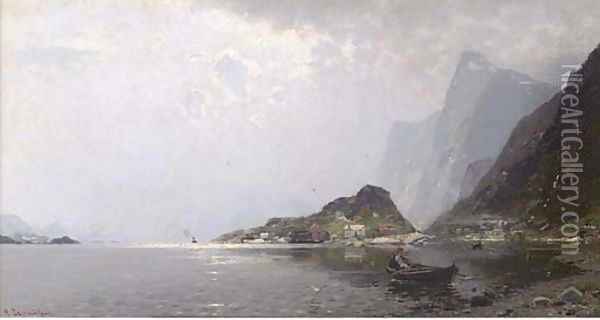 Rowing out on a Norwegian Fjord Oil Painting - Georg Anton Rasmussen