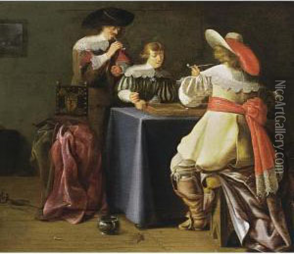 An Elegant Company Smoking And Playing Tric-trac In An Interior Oil Painting - Francois Verwilt