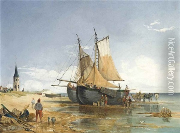 Fisherfolk On The Shore, Low Tide Oil Painting - Alfred Stannard