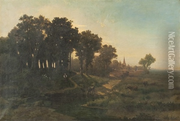 Flusslandschaft Mit Hirte, Weidender Kuh Und Dorf Oil Painting - Heinrich Hartung the Elder