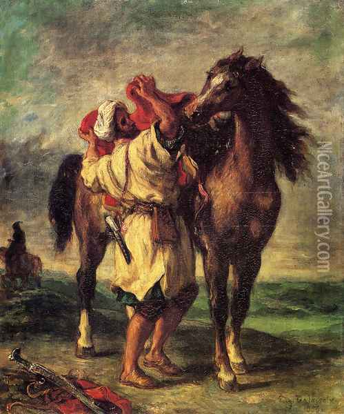 A Moroccan Saddling A Horse Oil Painting - Eugene Delacroix