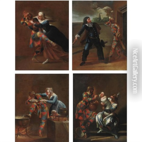 Arlecchino Aggredito Dall'amante (+ 3 Others; 4 Works) Oil Painting - Giovanni Domenico Ferretti