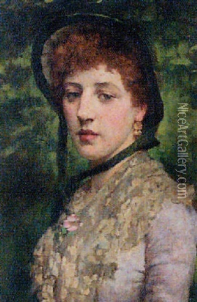 Portrait Of A Lady Wearing A Hat Oil Painting - William A. Breakspeare