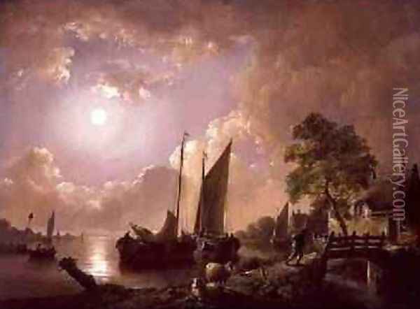 Moonlit river landscape Oil Painting - Jan van Os