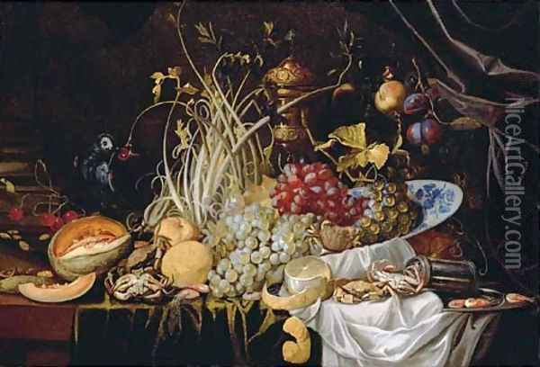 A Dutch Delft blue and white bowl with grapes, prawns on a pewter plate, crabs, a partly-peeled lemon and a melon on a partly-draped table Oil Painting - Alexander Coosemans