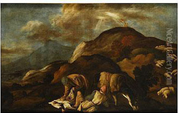 Paisaje Con Pastores; Al Fondo El Sacrificio De Isaac Oil Painting - Pedro Orrente Y O Taller