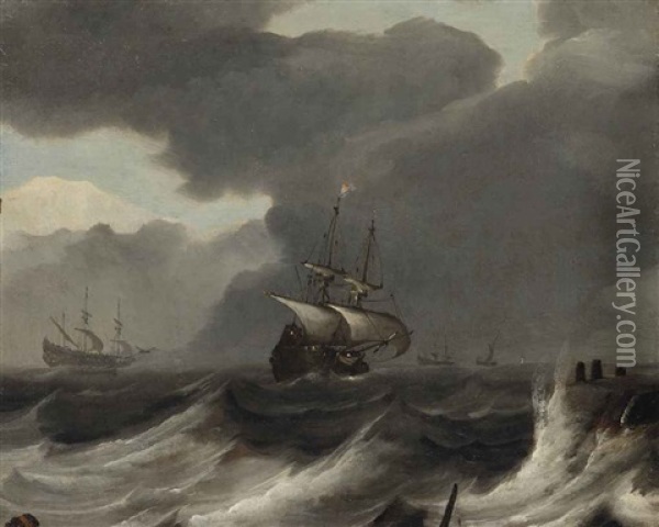Shipping Off The Coast In A Gale Oil Painting - Jan Porcellis