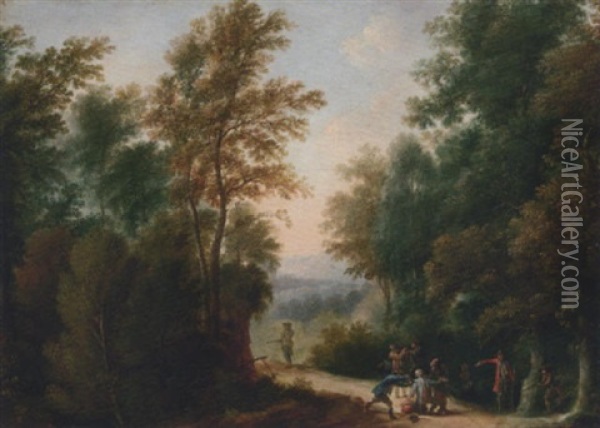 An Italianate Wooded Landscape With Bandits On A Track Oil Painting - Johann Christian Brand