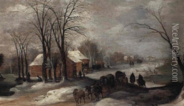 A Winter Landscape With Travellers On A Village Path Oil Painting - Joos de Momper the Younger
