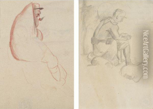I) Soldier With Cape & Sketch Of A Soldier - A Double-sided Work Oil Painting - Otto Gutfreund
