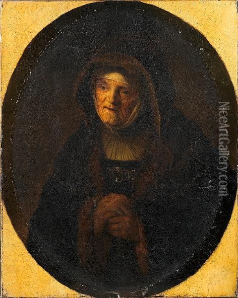 The Prophetess Hanna Within A Painted Oval Oil Painting - Rembrandt Van Rijn