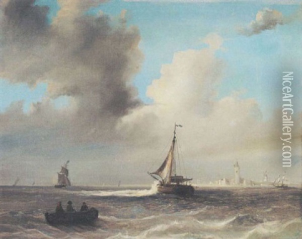 Shipping At The Mouth Of A Dutch River Estuary Oil Painting - Nicolaas Riegen