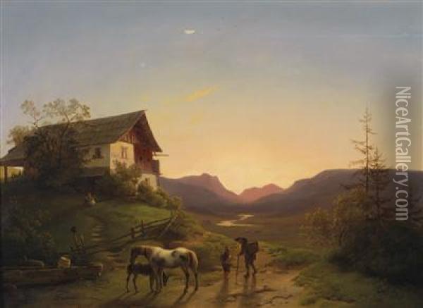 An Open Landscape With Horses In The Evening Light Oil Painting - Ignaz Raffalt