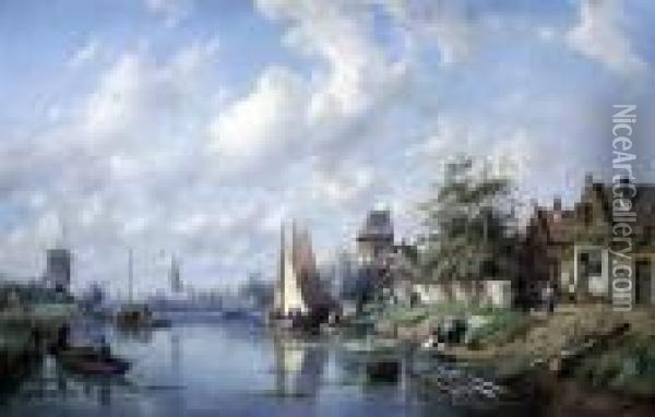 Canal Scene In Summertime Oil Painting - Charles Henri Leickert