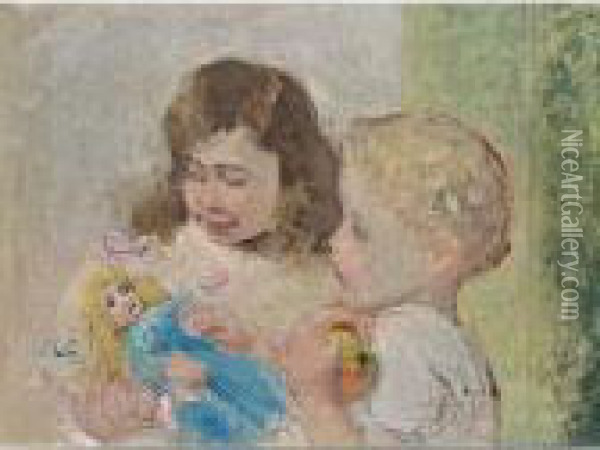 Children Playing With A Doll Oil Painting - Paul, Paulus Philip. Rink