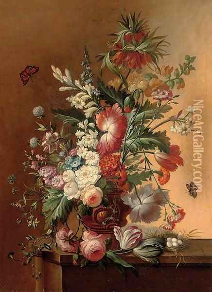 Roses, morning glory, carnations and other flowers in an urn on a ledge with eggs in a nest Oil Painting - Jan Van Huysum