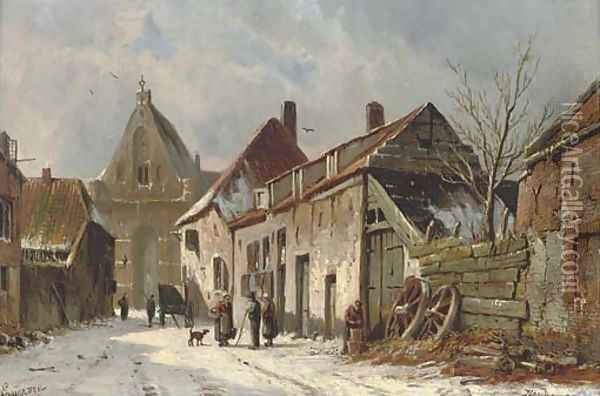A Dutch street in winter Oil Painting - Adrianus Eversen