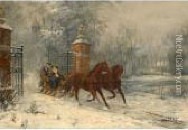 Pferdeschlitten In Winterlandschaft Oil Painting - Otto Eerelman