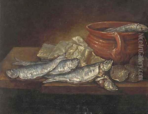 Herrings, oysters and an earthenware dish on a ledge Oil Painting - Elena Recco