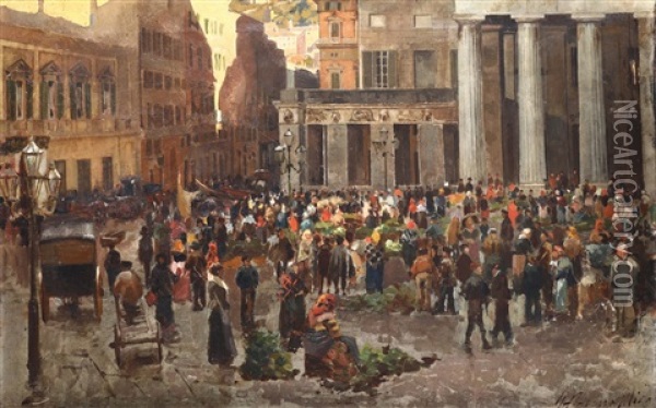 Mercato In Piazza De Ferrari Oil Painting - Giuseppe Pennasilico