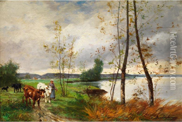 Uferlandschaft Mit Jungen Birken Und Einer Magd, Die Kuhe Weidet Oil Painting - Auguste Delacroix