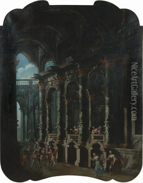 An Architectural Capriccio Of The Interior Of A Palace With The Judgement Of Paris; And An Architectural Capriccio With Soldiers Entering A Palace Oil Painting - Stefano Orlandi