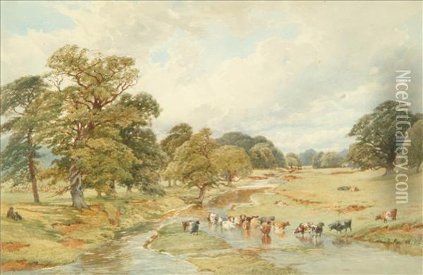 A River Landscapewith Cattle Watering Oil Painting - Edward Duncan