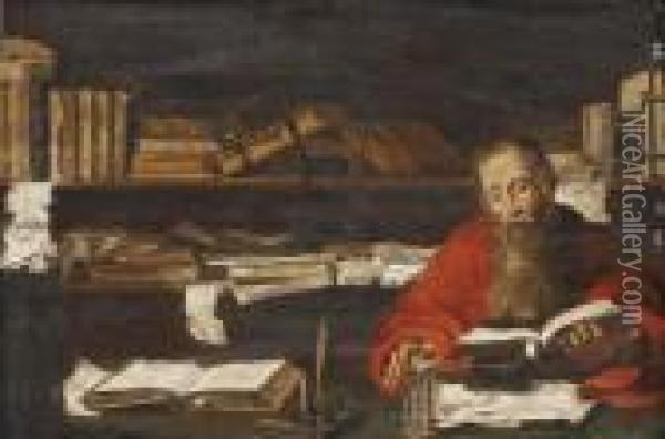 Saint Jerome In His Study Oil Painting - Quinten Metsys