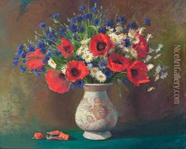 Still Life With A Bunch Of Flowers In A Vase Oil Painting - Peder Knudsen