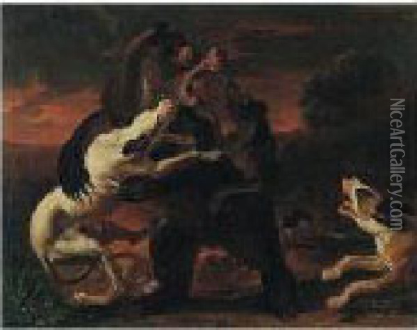 Hounds Attacking A Bear In A Landscape Oil Painting - Abraham Hondius
