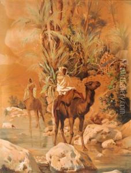 Paesaggio Arabo Con Figure E Cammelli Oil Painting - Friedrich Perlberg