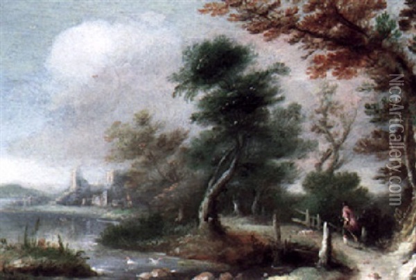 River Landscape With A Traveller And A Dog Oil Painting - Francesco (Cecco Bravo) Montelatici
