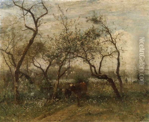 Cows Resting Under Fruit Trees In Bloom Oil Painting - Louis Aime Japy